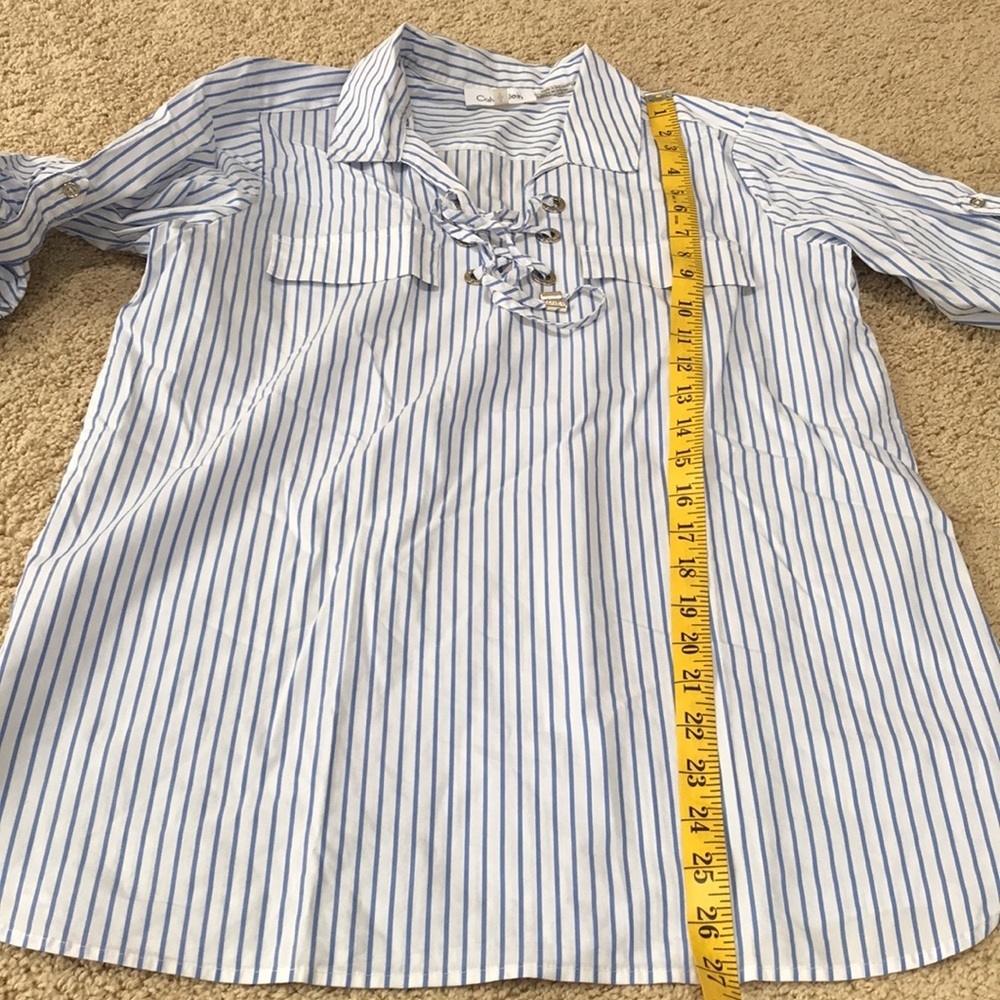 Calvin Klein white /blue striped lace up top . - Picture 7 of 8